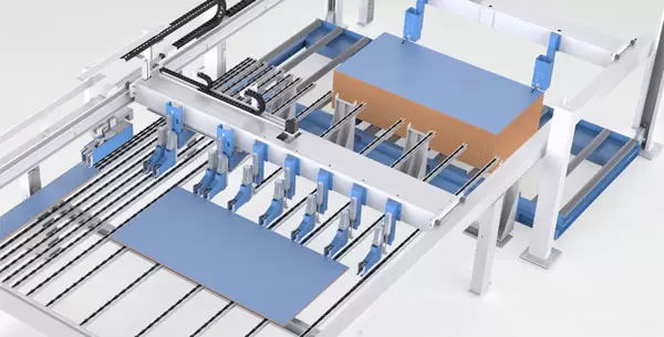 <b>Double crossbeam feeding mechanism</b><br/>Clamps and pusher independently works, simultaneously loading and sawing, which reduce waiting time in loading and thus improve 20% working efficiency.