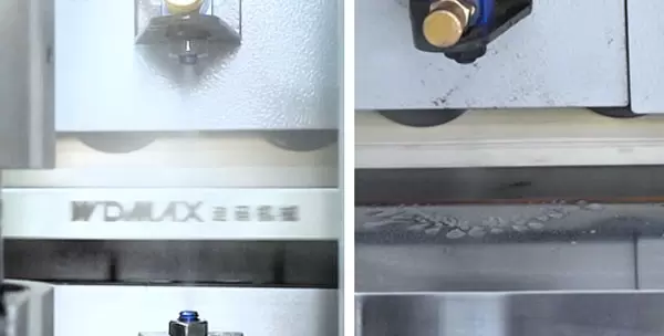 <b>Demolding and cleaning mechanism</b><br/>Apply cleaning agent to the upper and lower surfaces of the board, and use a polishing mechanism to clean the residual glue and debris on both surfaces. A layer of release agent can be sprayed on the upper and lower surfaces of the board to be edge-sealed, effectively preventing the hot melt adhesive from spilling and staining the board surface during the edge-sealing process.