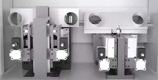 <b>Pre-milling mechanism</b><br/>For straight-edge pre-milling, you can choose from any of our profile servo-controlled form milling cutters. For pre-milling with both positive and negative cutting edges, the third and fourth edges will not collapse during sealing.