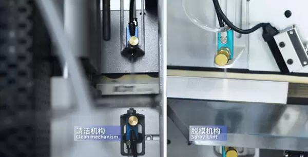<b>Release agent & cleaning units</b><br/>Spray release agent to the panel’s top and bottom surfaces to prevent glue overflow from sticking, and spray cleaning agent to assist the buffing unit in clearing residual glue and debris.