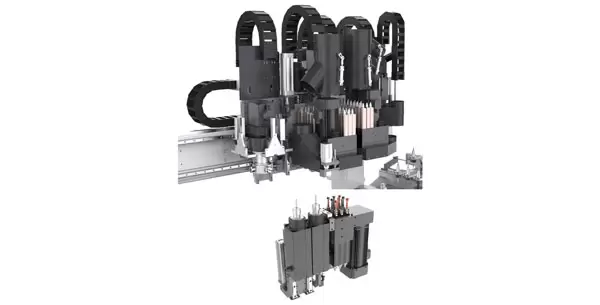 <b>Layout of spindle</b><br/>Upper part: 6kW high-power side milling motor, which has stronger power and higher efficiency for side grooving; the aggregate is assembled independently, which is convenient for tool installation, care and maintenance, and can be equipped with one-way aggregate or four-way aggregate;<br/>Lower part: Double bottom spindle 3.5KW*2, which can be installed with grooving tools and straighter tools, satisfies higher equipment on grooving accuracy.