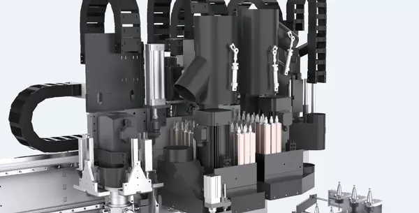<b>Two layers of 6-post ATC spindle</b><br/>2 layers of 6-post ATC spindle for different tools at different specification.<br/>Can store horizontal blades for hogging and lamino...<br/>Auto tool pre-setting, and tool length detection.