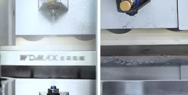 <b>Demolding and Cleaning Mechanism</b><br/>A cleaning agent is sprayed onto the top and bottom surfaces of the board, working in conjunction with the polishing mechanism to remove excess glue and debris. A layer of release agent can be sprayed onto the top and bottom of the board to be edge banded to effectively prevent hot melt glue from overflowing and staining the board surface during edge banding.