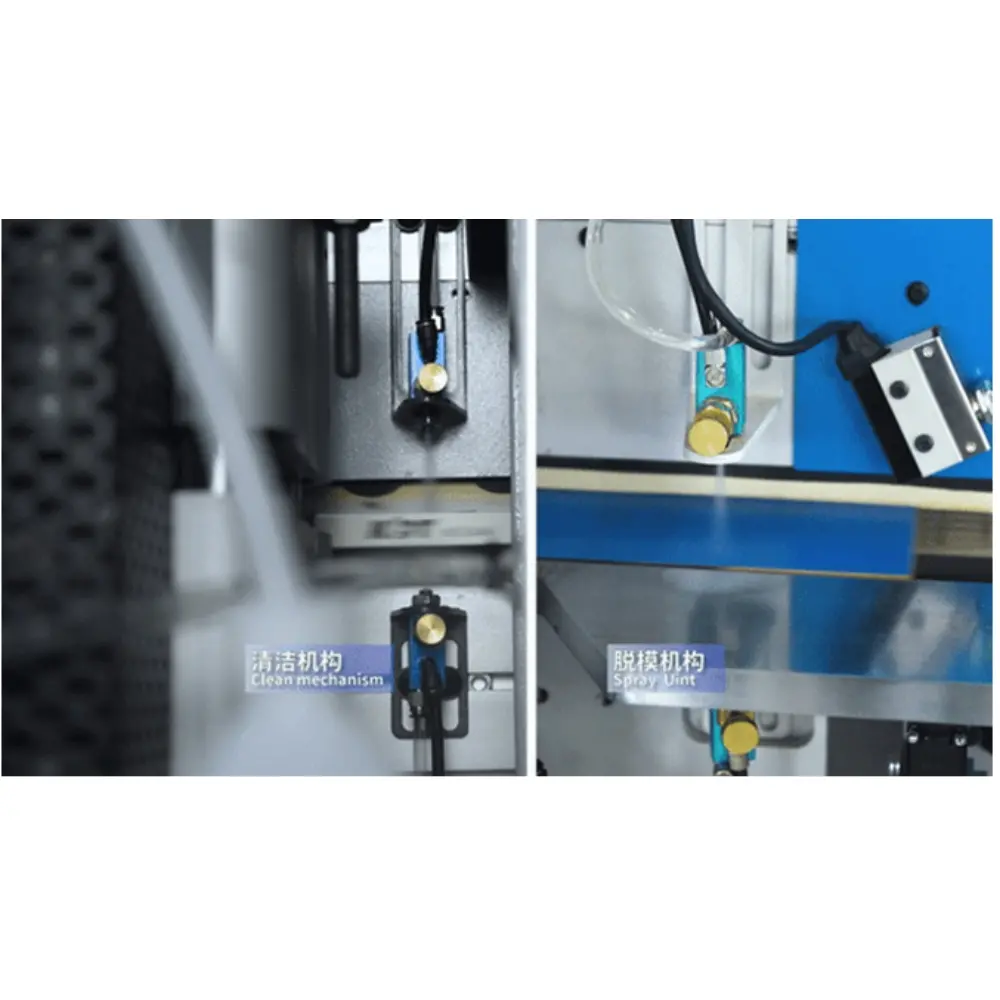 <b>Release agent & cleaning units</b><br/>Spray release agent to the panel’s top and bottom surfaces to prevent glue overflow from sticking, and spray cleaning agent to assist the buffing unit in clearing glue residue and debris.