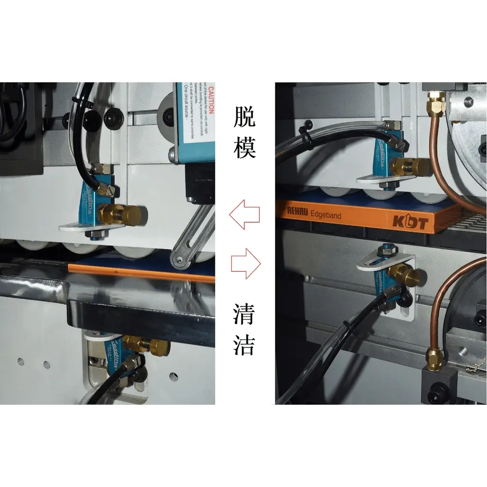 <b>Release agent & cleaning units</b><br/>Spray release agent to the panel’s top and bottom surfaces to prevent glue overflow from sticking, and spray cleaner to assist the buffing unit in clearing glue residue and debris.