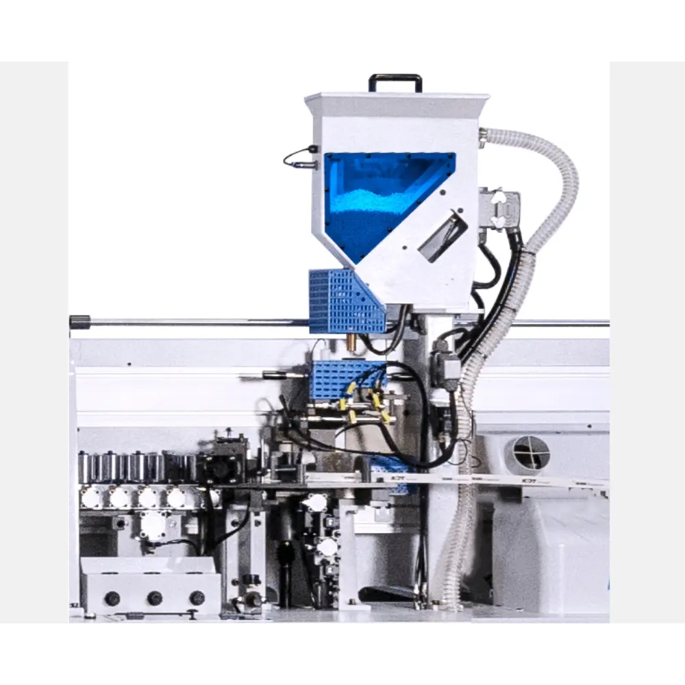 <b>Upper melting unit</b><br/>Quickly melt glue in as little as 15 minutes, allow fast applicator replacement (with a PUR connection port for flexible switching between EVA and PUR), and automatically pre-melt and feed glue pellets (5 kg storage capacity) for continuous glue supply.