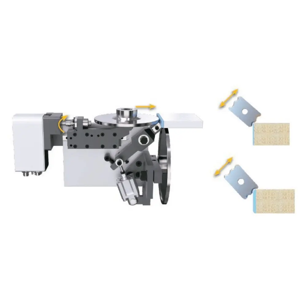 <b>Auto-positioning scraping unit</b><br/>It can pneumatically switch between R1 and R1.5 tools, with motors for intelligent horizontal and vertical positioning of the tools based on tape thickness, ensuring precise scraping for multiple edge profiles.