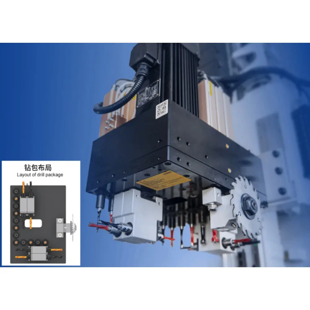 <b>Drill Head</b><br/>Drill sets: 12 vertical +8 horizontal +1 saw blade ,realizes efficient drilling and grooving.